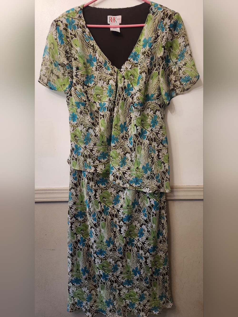 R&K Green and Blue Floral 90's Women’s Dress 14W